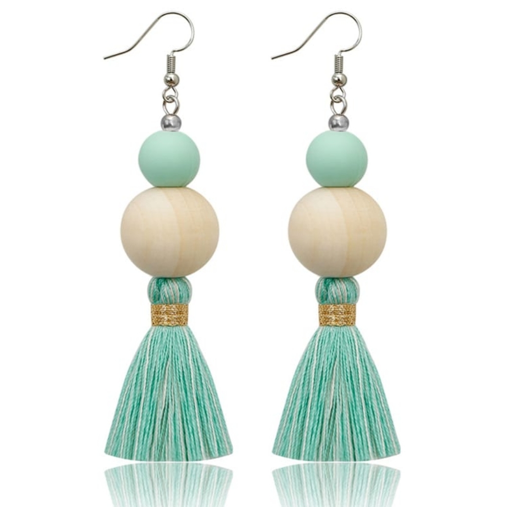 Green Wooden Beads Cotton Rope Tassel Bohemia Hand-Woven Drop Earring